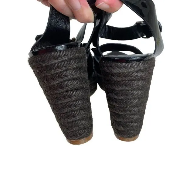 Tila March Paris Black Patent Leather Espadrille Wedge Sandals 38