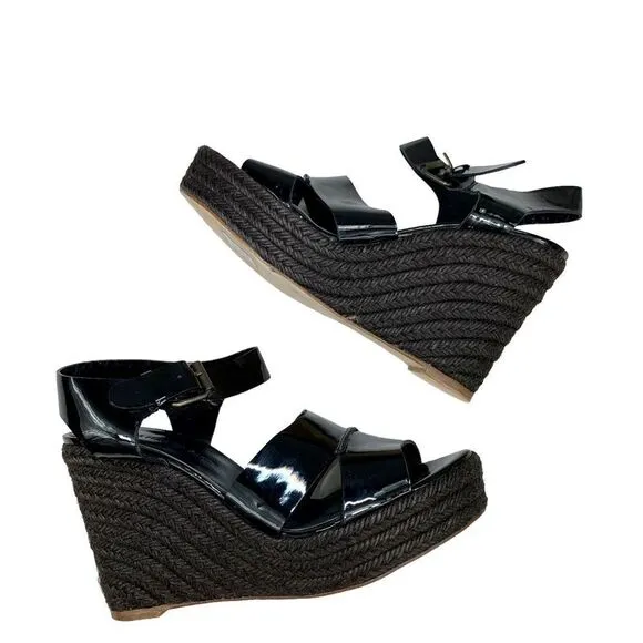 Tila March Paris Black Patent Leather Espadrille Wedge Sandals 38