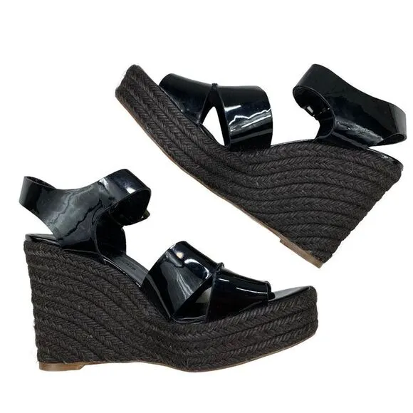 Tila March Paris Black Patent Leather Espadrille Wedge Sandals 38