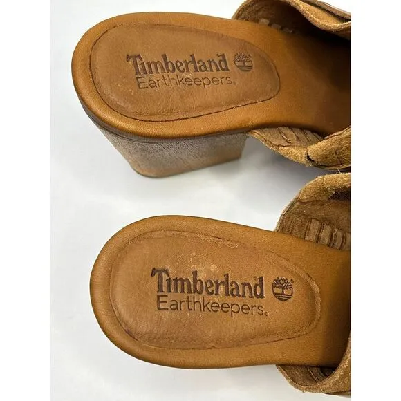 Timberland Earthkeepers Women's 8W Block Heel Shoes Peep Toe Suede Brown