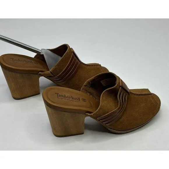 Timberland Earthkeepers Women's 8W Block Heel Shoes Peep Toe Suede Brown
