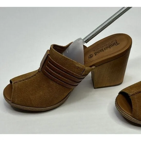 Timberland Earthkeepers Women's 8W Block Heel Shoes Peep Toe Suede Brown