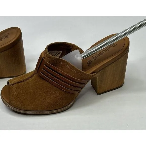 Timberland Earthkeepers Women's 8W Block Heel Shoes Peep Toe Suede Brown