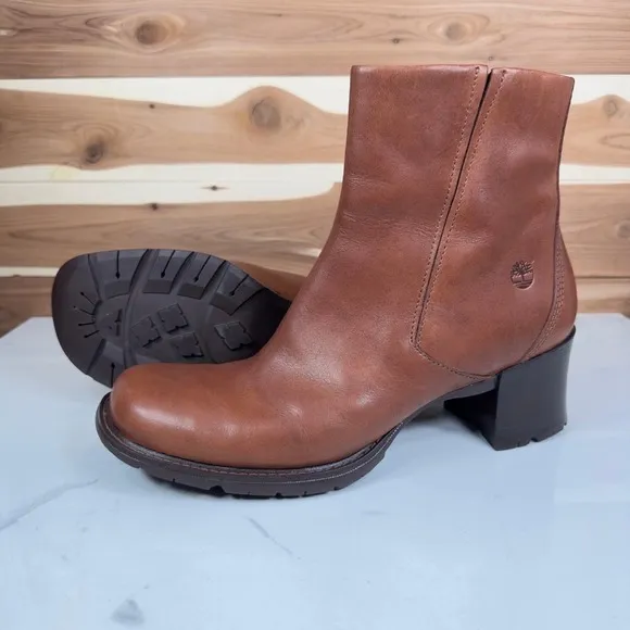 Timberland Leather Ankle Boots Block Heel Square Toe Brown Walnut Boots Size 10M