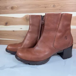 Timberland Leather Ankle Boots Block Heel Square Toe Brown Walnut Boots Size 10M