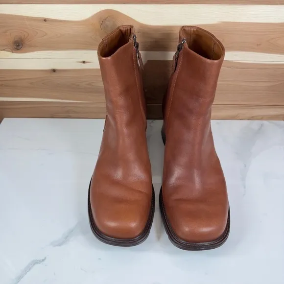 Timberland Leather Ankle Boots Block Heel Square Toe Brown Walnut Boots Size 10M
