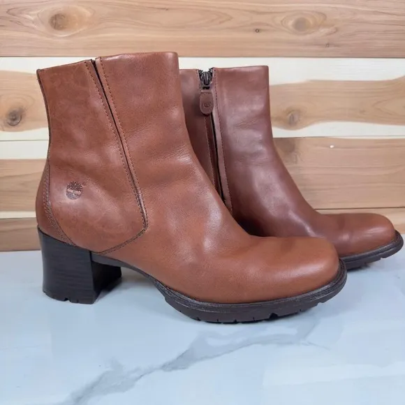 Timberland Leather Ankle Boots Block Heel Square Toe Brown Walnut Boots Size 10M