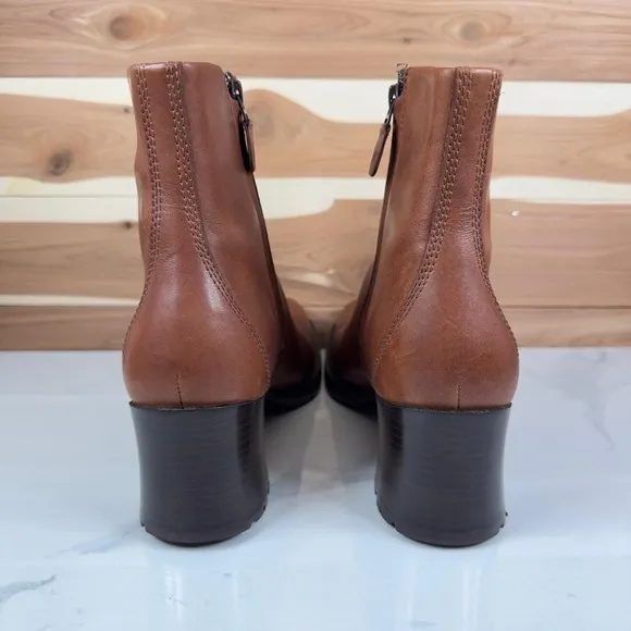 Timberland Leather Ankle Boots Block Heel Square Toe Brown Walnut Boots Size 10M