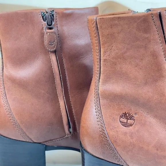 Timberland Leather Ankle Boots Block Heel Square Toe Brown Walnut Boots Size 10M