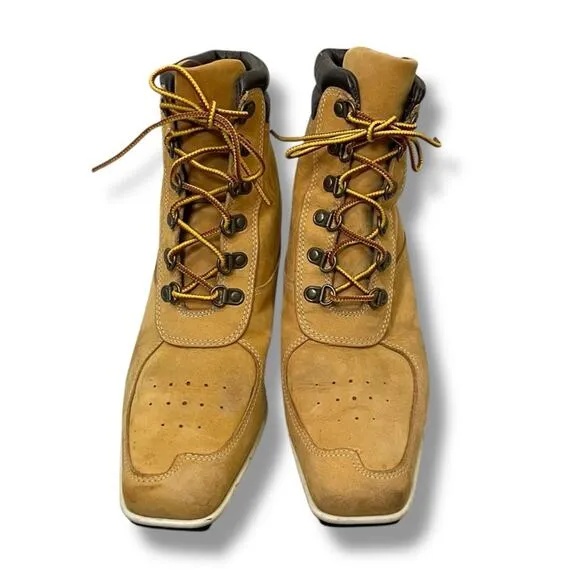 Timberland wheat genuine leather lace up ankle square toe wedge heel boots
