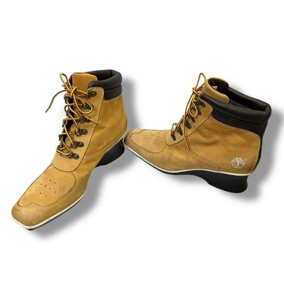 Timberland wheat genuine leather lace up ankle square toe wedge heel boots