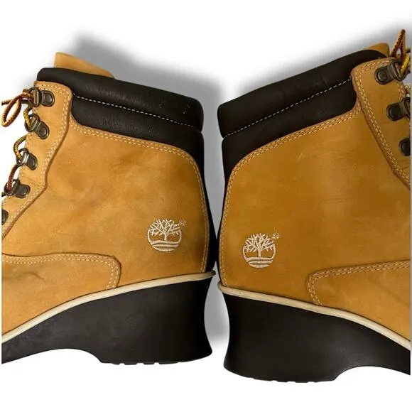 Timberland wheat genuine leather lace up ankle square toe wedge heel boots