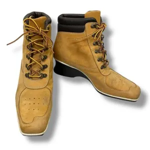 Timberland wheat genuine leather lace up ankle square toe wedge heel boots