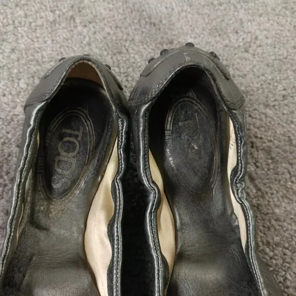 TOD'S Dee Ballet Flats Womens Size 38.5 EU Shoes Slip On Metallic Leather Buckle