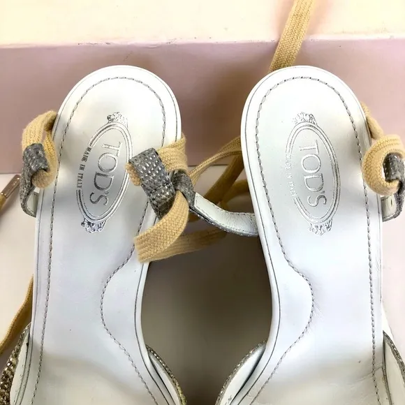 Tod’s silver beige snakeskin espadrille sandals