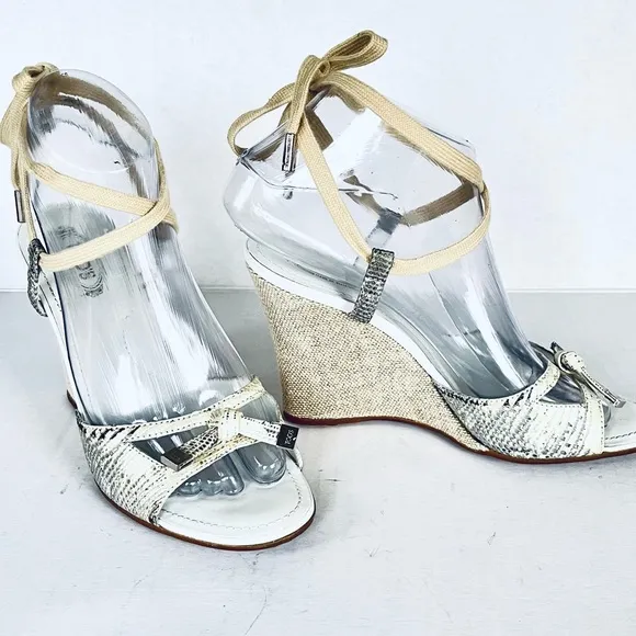 Tod’s silver beige snakeskin espadrille sandals