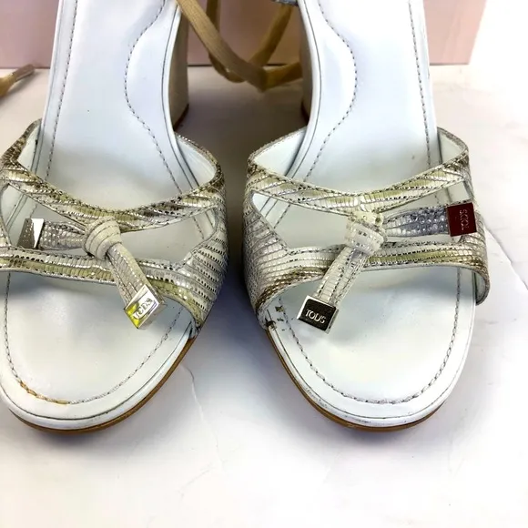 Tod’s silver beige snakeskin espadrille sandals