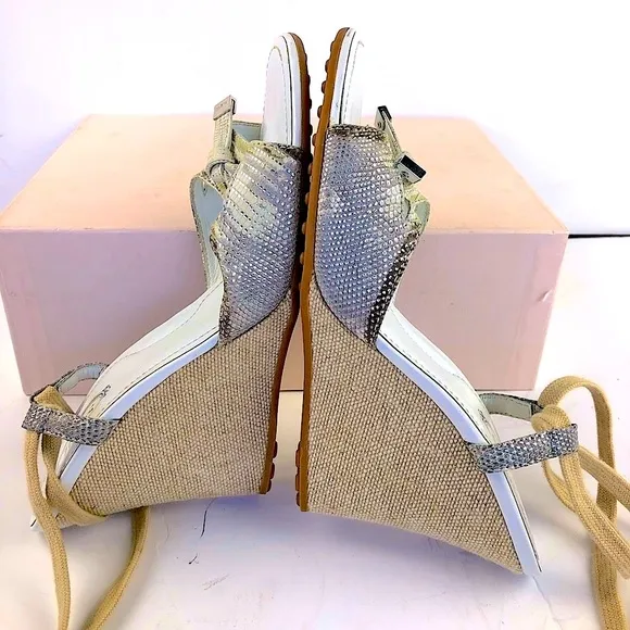 Tod’s silver beige snakeskin espadrille sandals