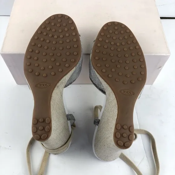 Tod’s silver beige snakeskin espadrille sandals