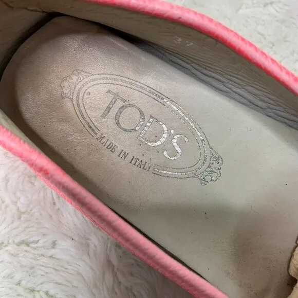 Tod's Women's Neon Pink Leather Driving Shoes Flats Loafers Size 37