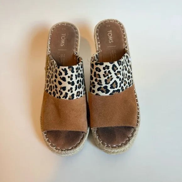TOMS Monica Espadrille Mule Wedge Leopard Print Tan Sandals sz 8
