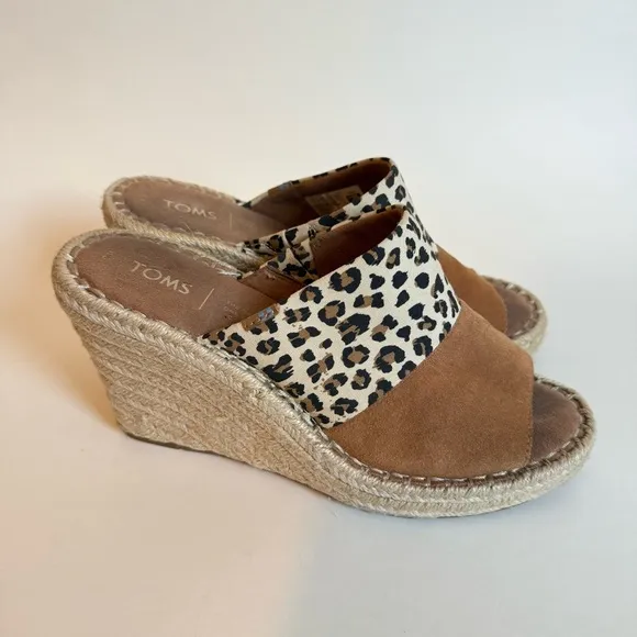 TOMS Monica Espadrille Mule Wedge Leopard Print Tan Sandals sz 8