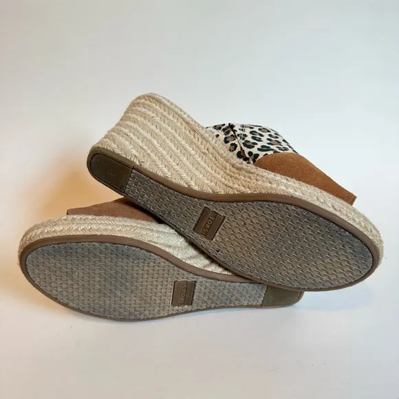 TOMS Monica Espadrille Mule Wedge Leopard Print Tan Sandals sz 8