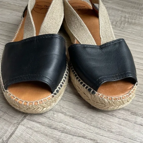 Toni Pons Etna Flat Espadrille Sandals Leather And Elastic Black/Tan SZ 6.5 (37)