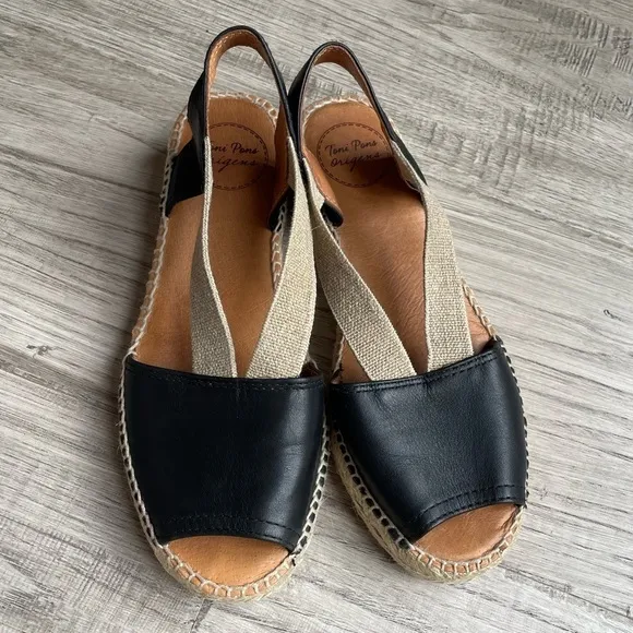 Toni Pons Etna Flat Espadrille Sandals Leather And Elastic Black/Tan SZ 6.5 (37)