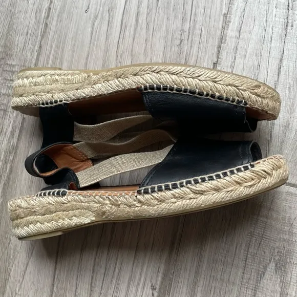 Toni Pons Etna Flat Espadrille Sandals Leather And Elastic Black/Tan SZ 6.5 (37)