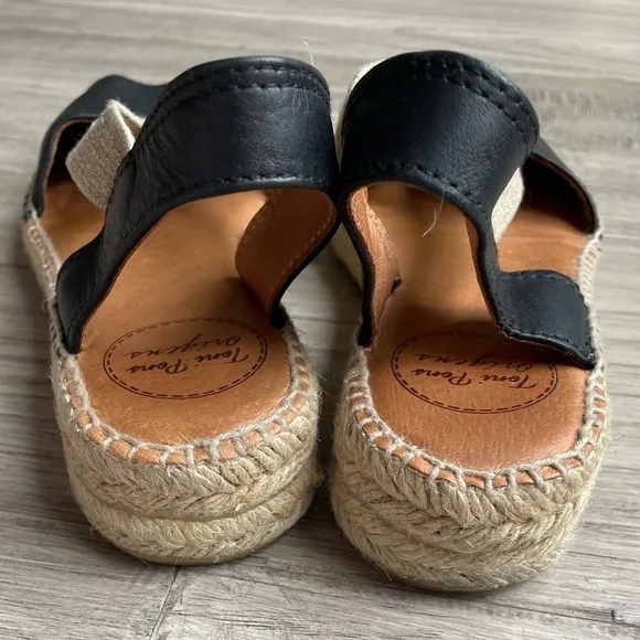 Toni Pons Etna Flat Espadrille Sandals Leather And Elastic Black/Tan SZ 6.5 (37)