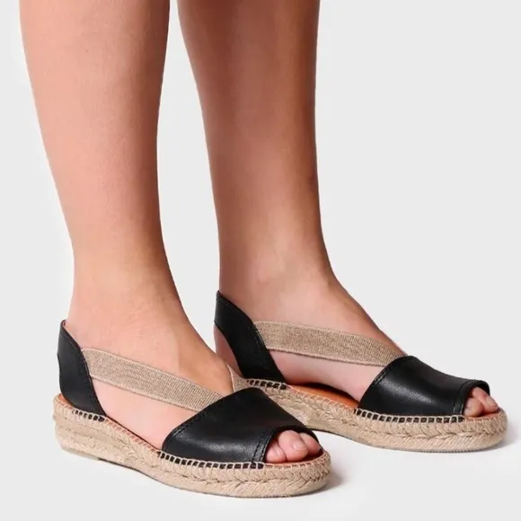 Toni Pons Etna Flat Espadrille Sandals Leather And Elastic Black/Tan SZ 6.5 (37)