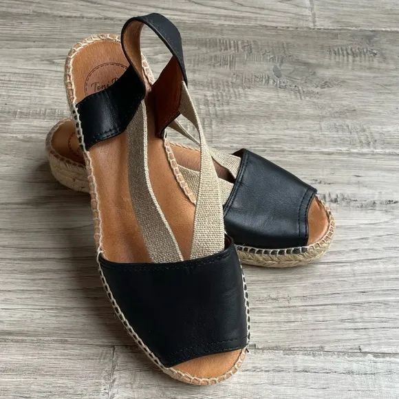 Toni Pons Etna Flat Espadrille Sandals Leather And Elastic Black/Tan SZ 6.5 (37)
