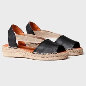 Toni Pons Etna Flat Espadrille Sandals Leather And Elastic Black/Tan SZ 6.5 (37)