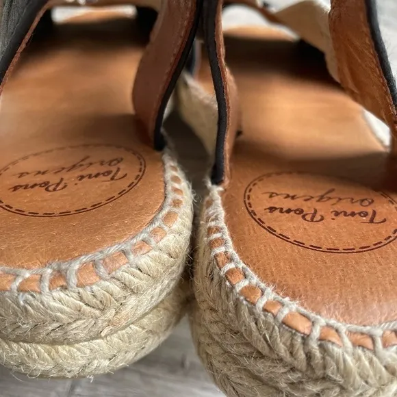 Toni Pons Etna Flat Espadrille Sandals Leather And Elastic Black/Tan SZ 6.5 (37)