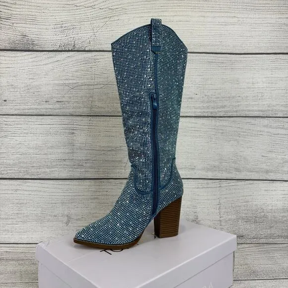 Top Moda Women's Blue Imogen Embellished Studded Sparkle Western Boots Size 7.5