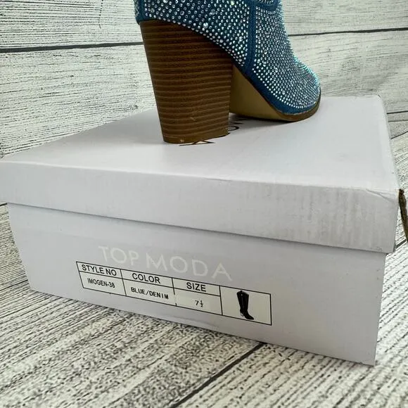 Top Moda Women's Blue Imogen Embellished Studded Sparkle Western Boots Size 7.5