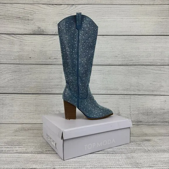 Top Moda Women's Blue Imogen Embellished Studded Sparkle Western Boots Size 7.5