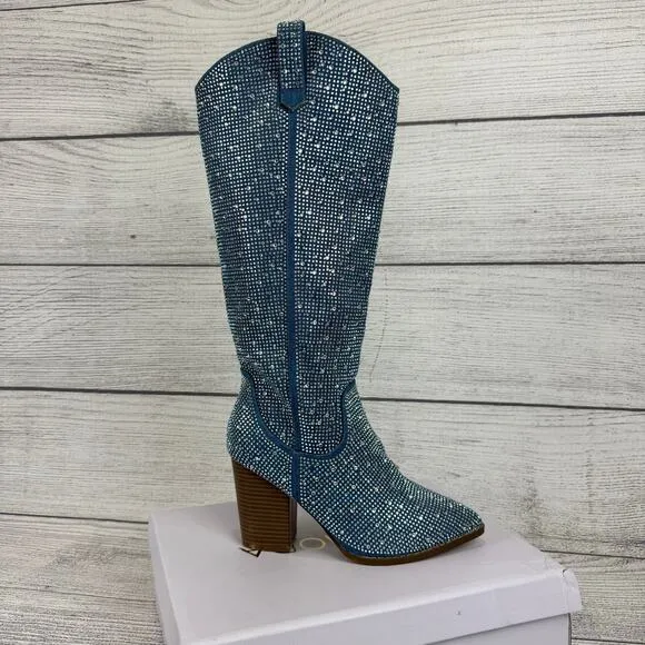 Top Moda Women's Blue Imogen Embellished Studded Sparkle Western Boots Size 7.5