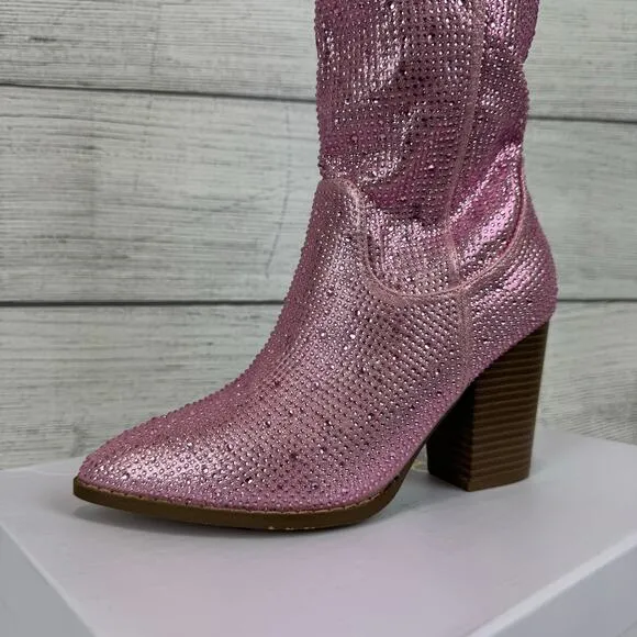 Top Moda Women's Pink Imogen Embellished Studded Sparkle Western Boots Size 7.5