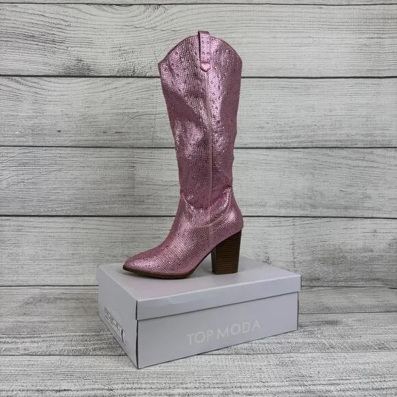 Top Moda Women's Pink Imogen Embellished Studded Sparkle Western Boots Size 7.5