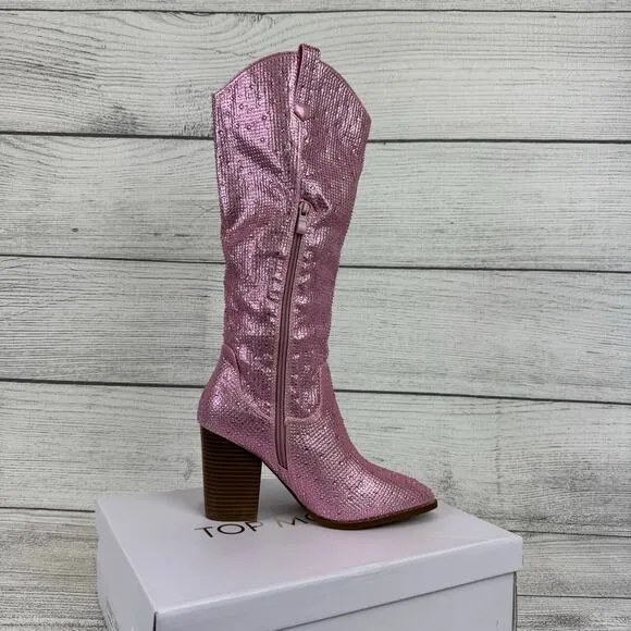 Top Moda Women's Pink Imogen Embellished Studded Sparkle Western Boots Size 7.5