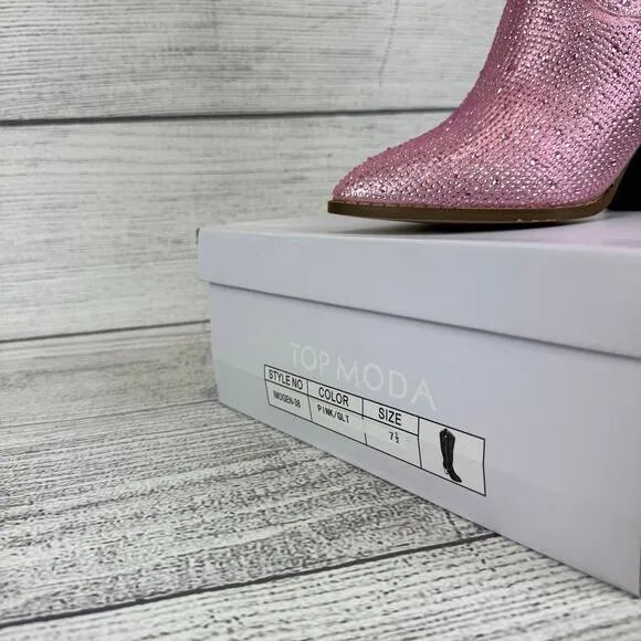 Top Moda Women's Pink Imogen Embellished Studded Sparkle Western Boots Size 7.5