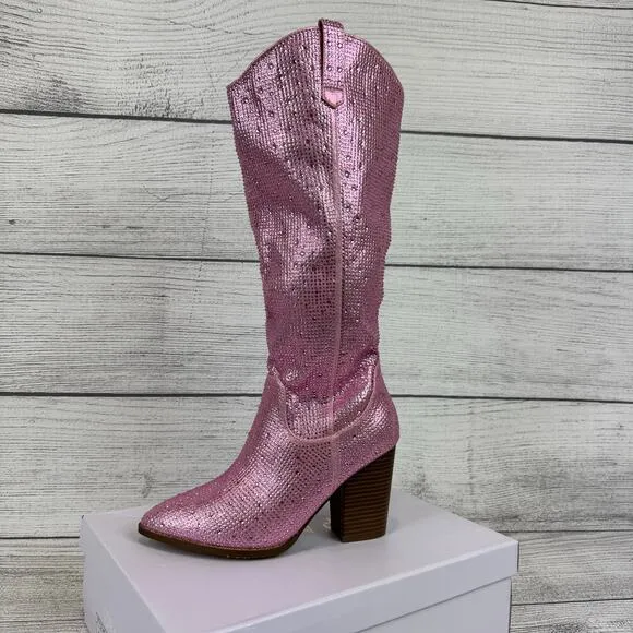 Top Moda Women's Pink Imogen Embellished Studded Sparkle Western Boots Size 7.5