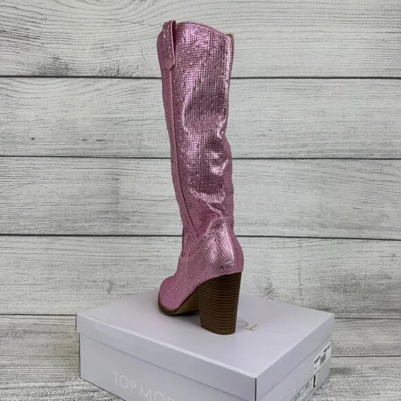 Top Moda Women's Pink Imogen Embellished Studded Sparkle Western Boots Size 7.5