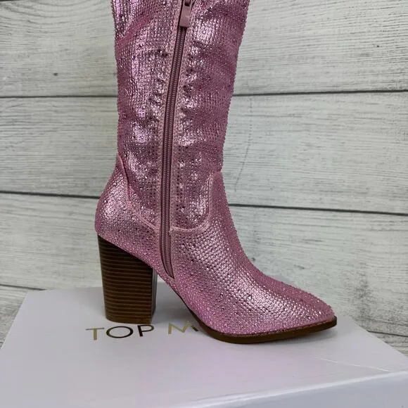 Top Moda Women's Pink Imogen Embellished Studded Sparkle Western Boots Size 7.5