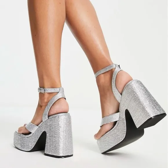Topshop high platform silver metallic ankle strap sandals women Size 7