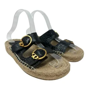 Tory Buch Selby Patent Leather Espadrille Slide Sandals Black Size US 6.5