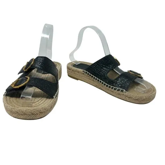 Tory Buch Selby Patent Leather Espadrille Slide Sandals Black Size US 6.5