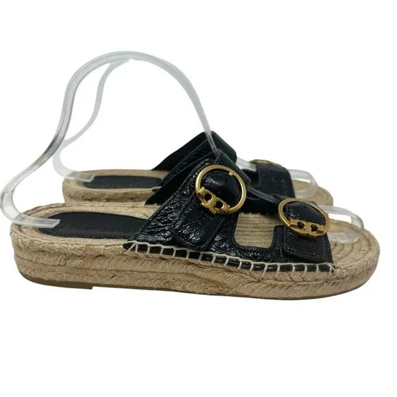 Tory Buch Selby Patent Leather Espadrille Slide Sandals Black Size US 6.5